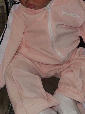 Palm Angels Pink Velour Baby Tracksuit with Navy Stripes